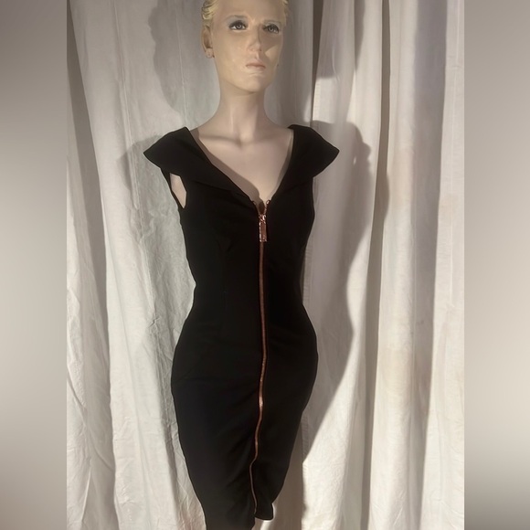 Ted Baker Cap Sleeve Ravana Front-Zip Cocktail Midi Sheath Dress Black Womens 4 - Picture 4 of 11